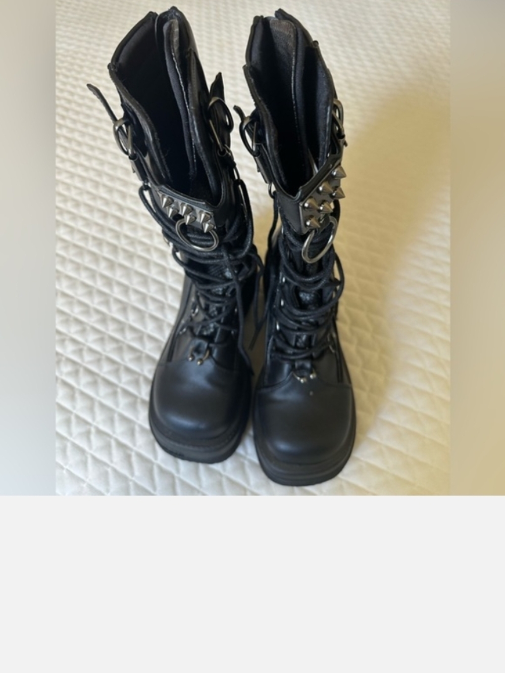 Demonia Black Lace-Up Combat Boots with Stud and Ring Accents